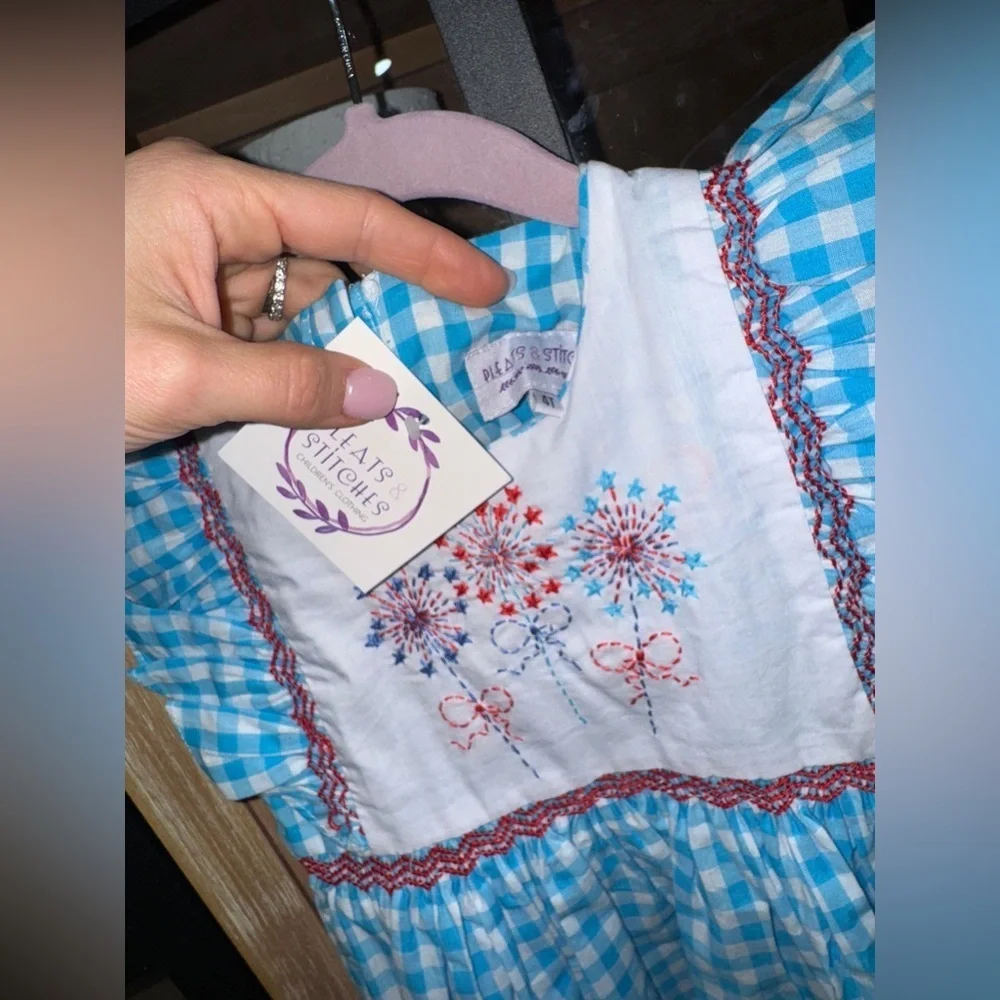 NWT fireworks dress embroidered smocked gingham avignon usa 4th of july toddler
